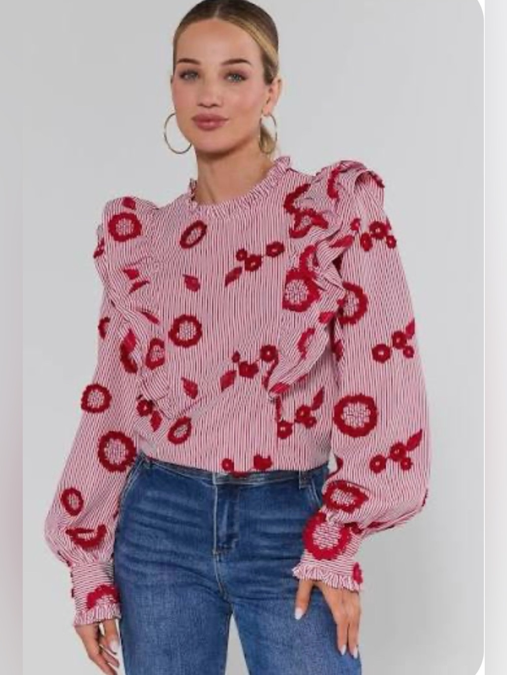 NWOT Avara Rosie Red White Stripe Floral Ruffle Embroidered Top Blouse Sz L